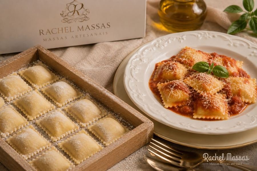 Ravioli artesanal Rachel Massas com molho de tomate